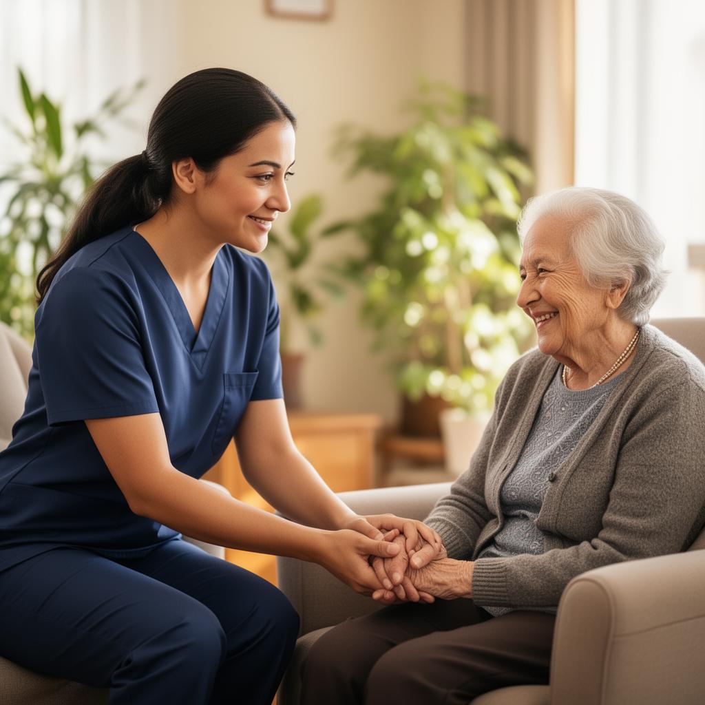 Aged care worker holding hand of elderly resident in sunlit lounge room