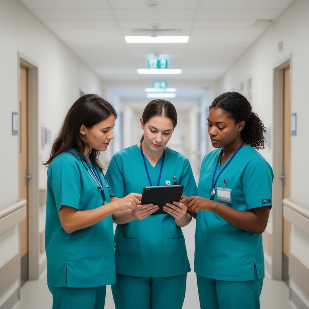 Three nurses in scrubs reviewing training content on a tablet in a hospital corridor
