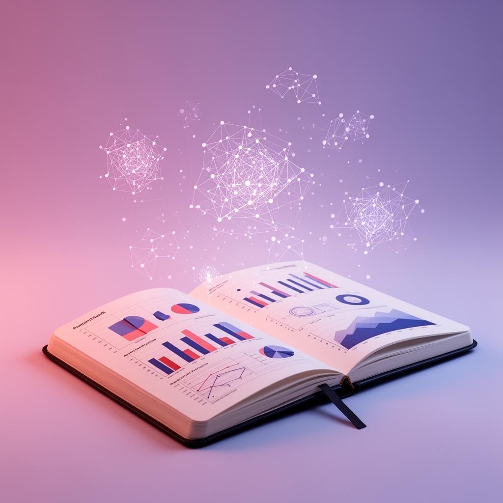 Open notebook with research charts and AI knowledge graphs