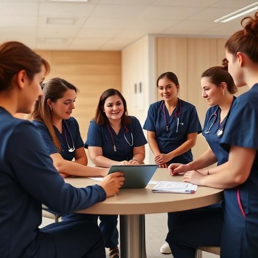 Healthcare professionals in scrubs reviewing e-learning training materials