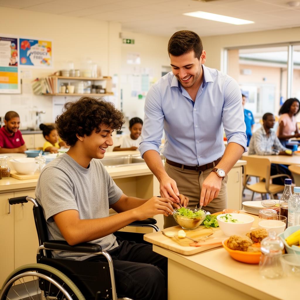 NDIS support worker assisting young adult wheelchair user in community kitchen