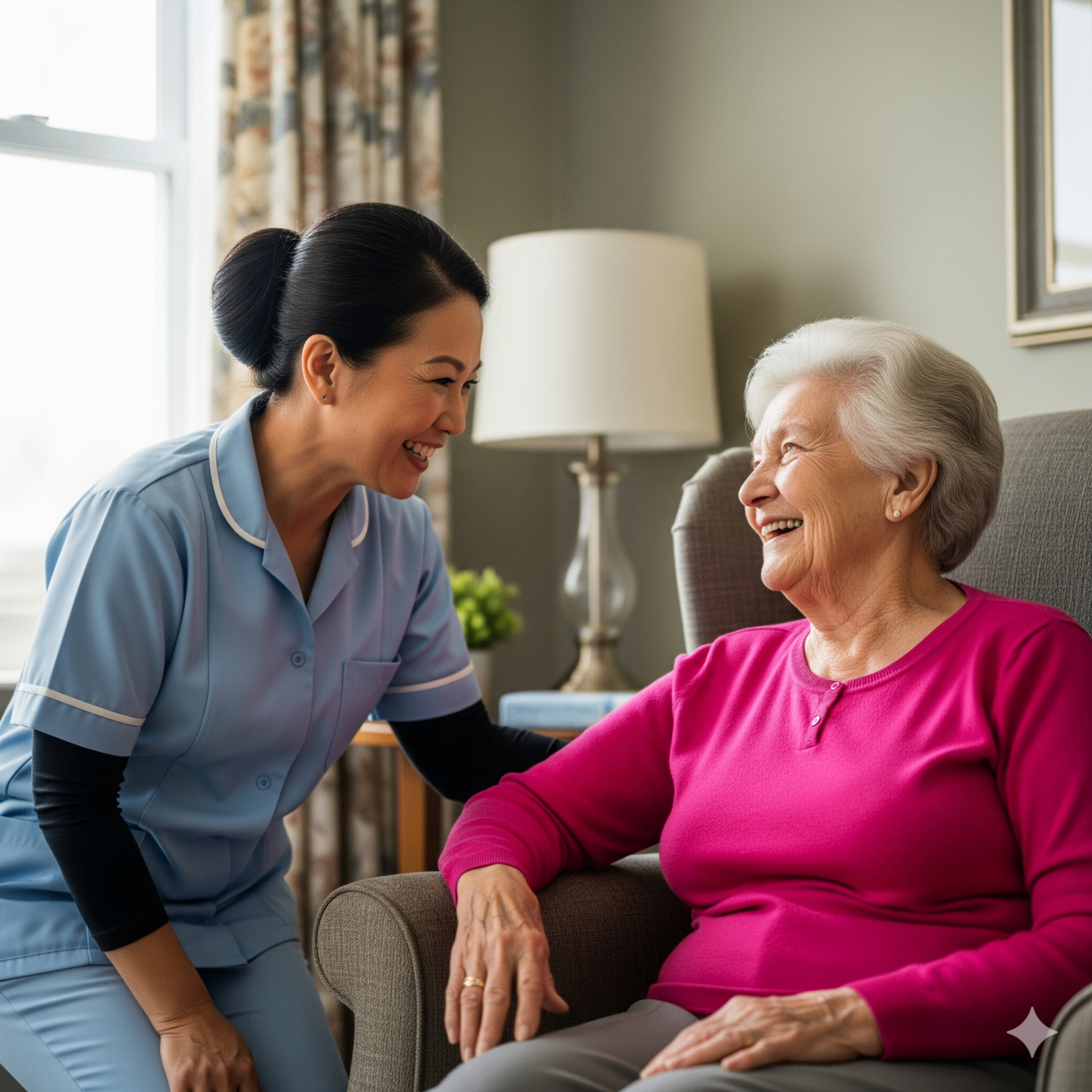 Caregiver providing compassionate care to elderly client in comfortable home setting