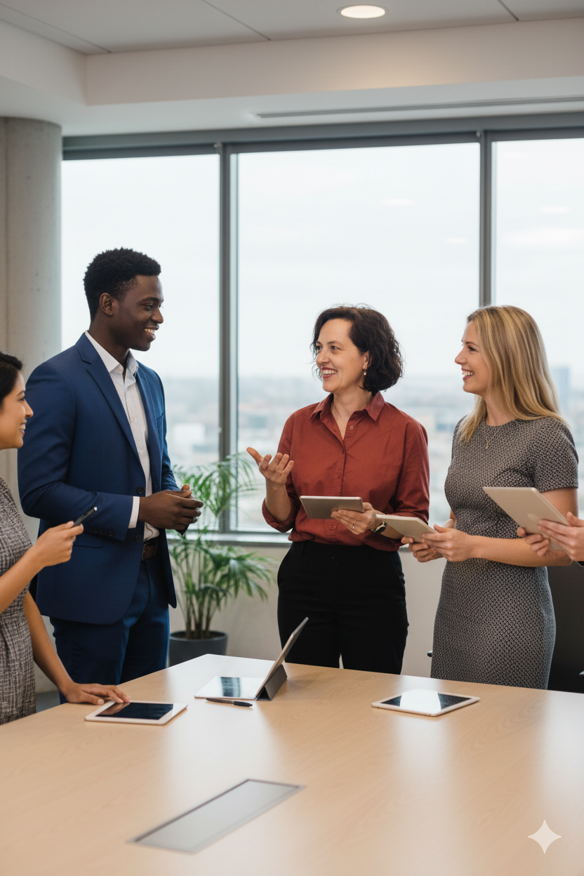Professional team discussing learning strategy and consulting services in modern office