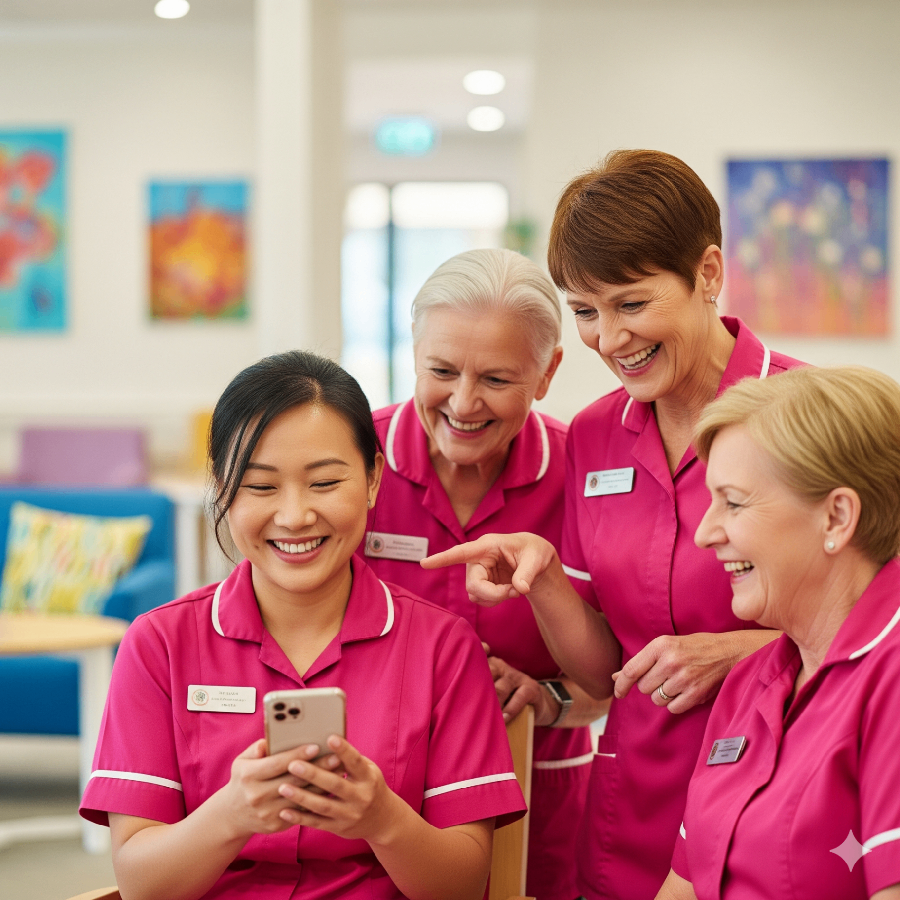 Aged care staff collaborating and using mobile devices for training