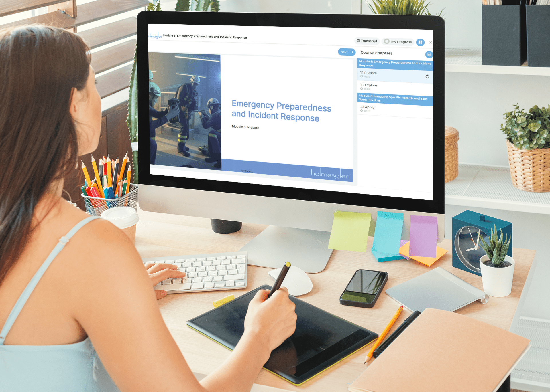 Holmesglen TAFE student using Emergency Preparedness and Incident Response course on desktop computer - Vidversity learning platform